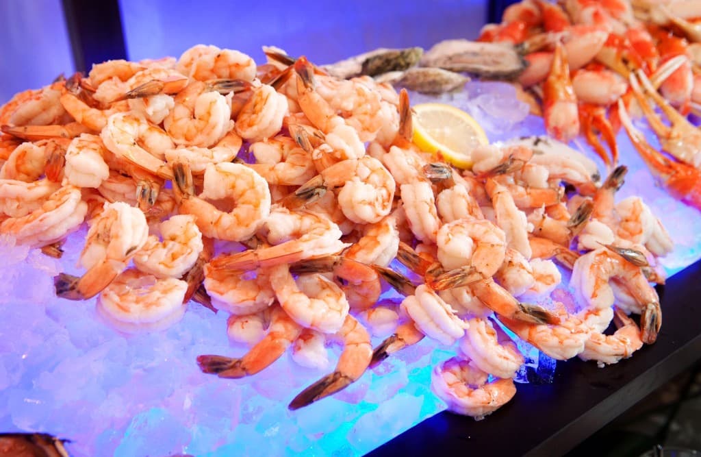 Shrimp on ice with blue lighting