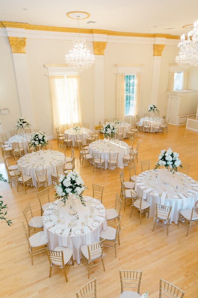 Grand ballroom overhead view with white and gold decor